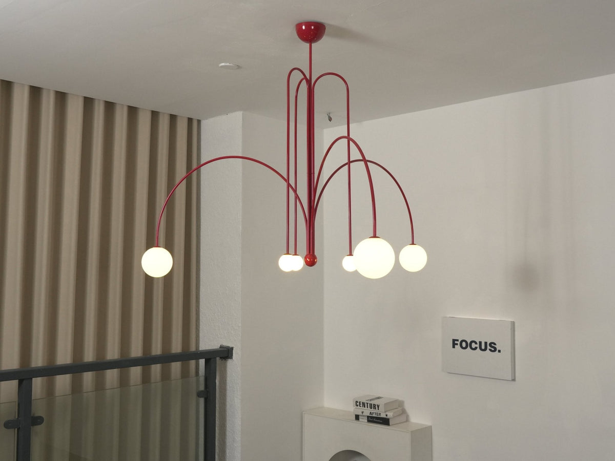 Globella 6-head pendant chandelier with red metal frame and 6 glass globes, adjustable drop on Tampa Home & Garden Store