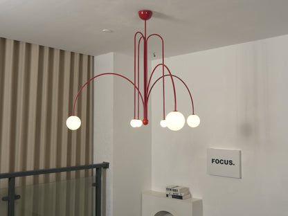 Globella 6-head pendant chandelier with red metal frame and 6 glass globes, adjustable drop on Tampa Home & Garden Store