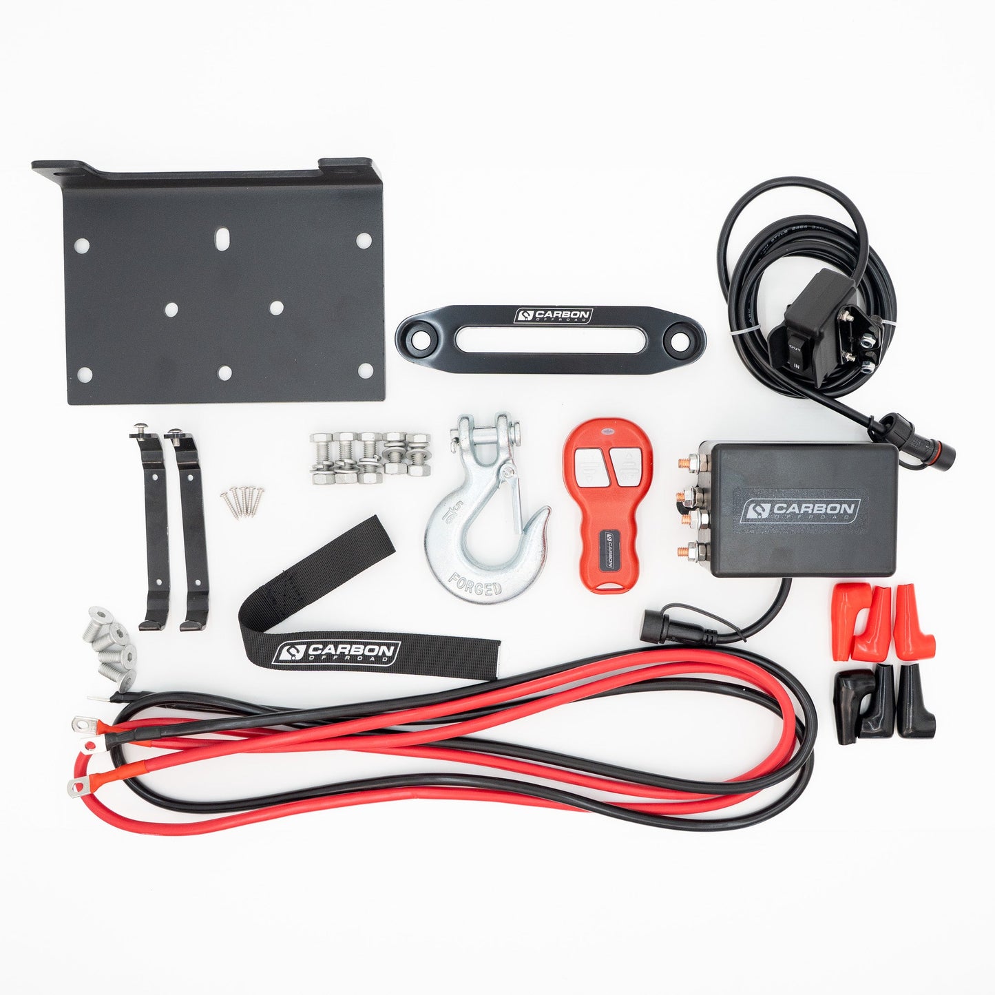 Carbon Offroad 6000lb ATV winch kit with mounting plate, control box, red handheld remote, and heavy cables on Tampa Home & Garden Store