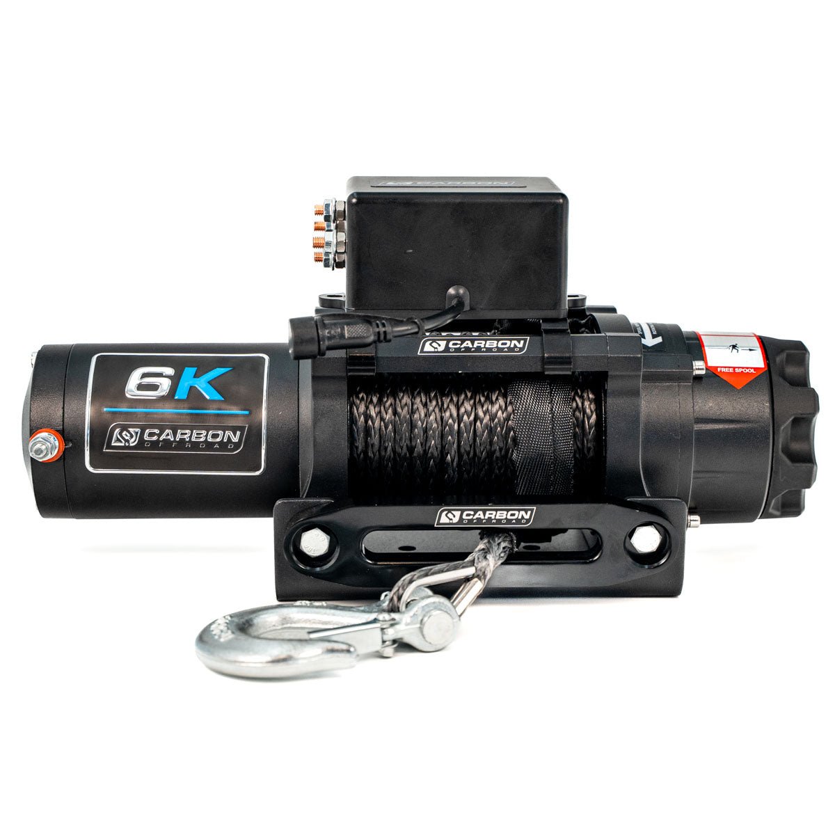 Carbon Offroad USA 6K winch with steel rope and hook, top control box on black mounting plate on Tampa Home & Garden Store