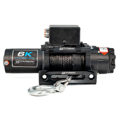 Carbon Offroad USA 6K winch with steel rope and hook, top control box on black mounting plate on Tampa Home & Garden Store