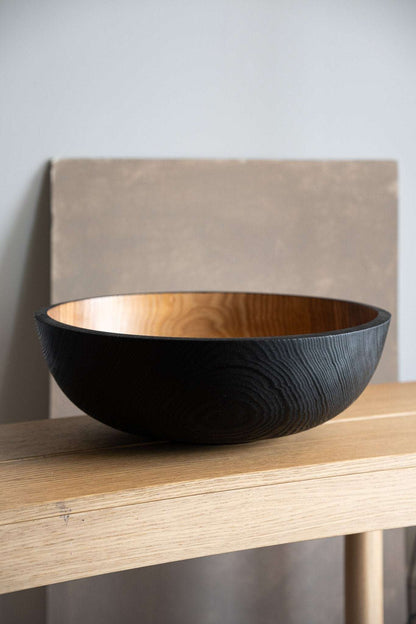 Hand Carved Extra Large Wooden Bowl half-charred interior, black exterior Creating Comfort bowl on Tampa Home & Garden Store