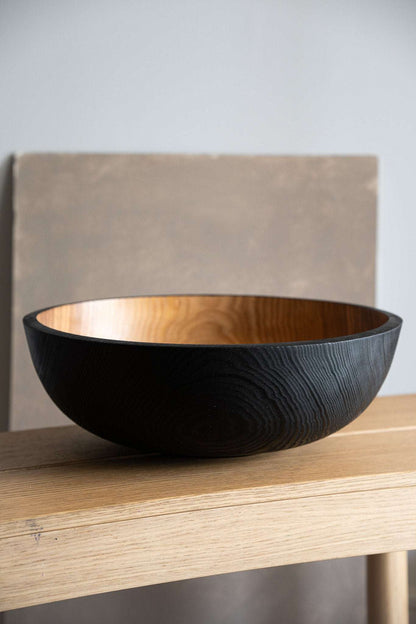Hand Carved Extra Large Wooden Bowl half charred interior, dark exterior serving fruit bowl on Tampa Home & Garden Store