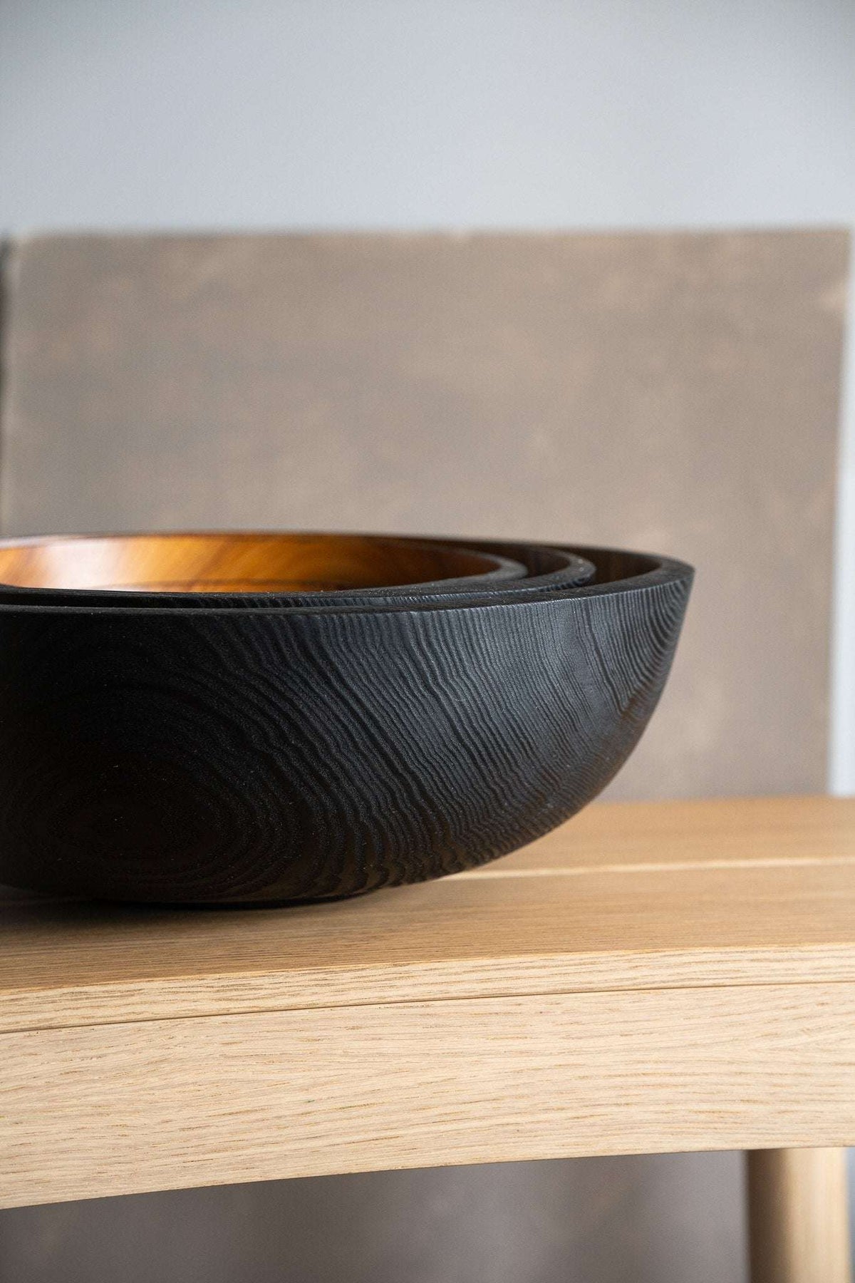Hand Carved Extra Large Wooden Serving Bowl half-charred black exterior with amber interior on Tampa Home & Garden Store