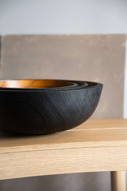 Hand Carved Extra Large Wooden Serving Bowl half-charred black exterior with amber interior on Tampa Home & Garden Store