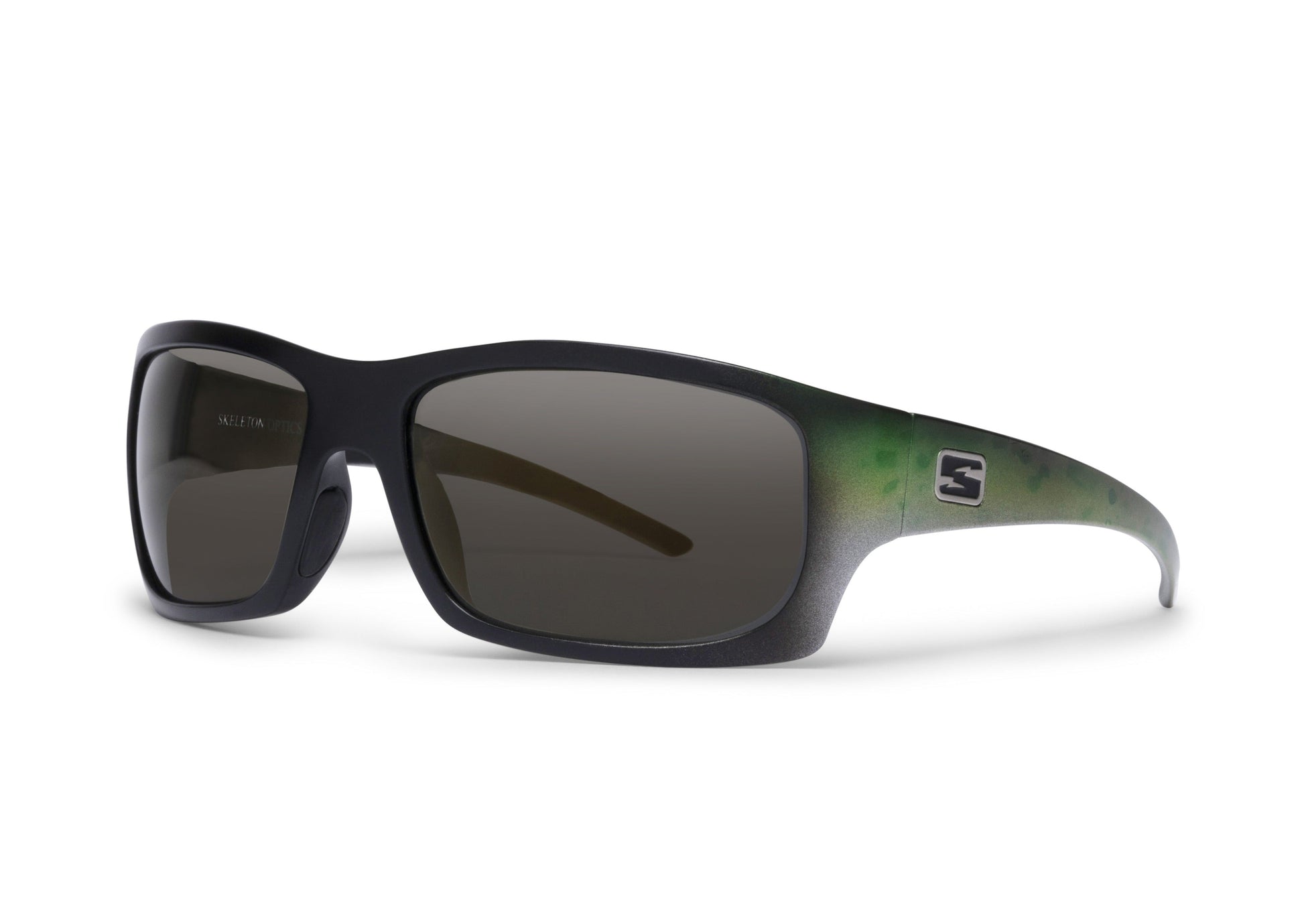 Outlaw Bass sunglasses black frame dark lenses green camo temples Skeleton Optics logo on Tampa Home & Garden Store