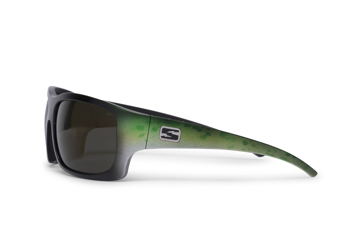 Outlaw Bass sunglasses by Skeleton Optics with green gradient temples on Tampa Home & Garden Store