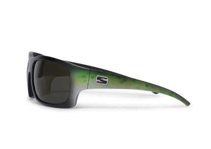 Outlaw Bass sunglasses by Skeleton Optics with green gradient temples on Tampa Home & Garden Store