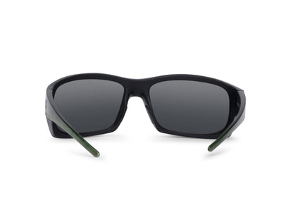 Outlaw Bass sunglasses Skeleton Optics, black frame, dark lenses, green temples on Tampa Home & Garden Store