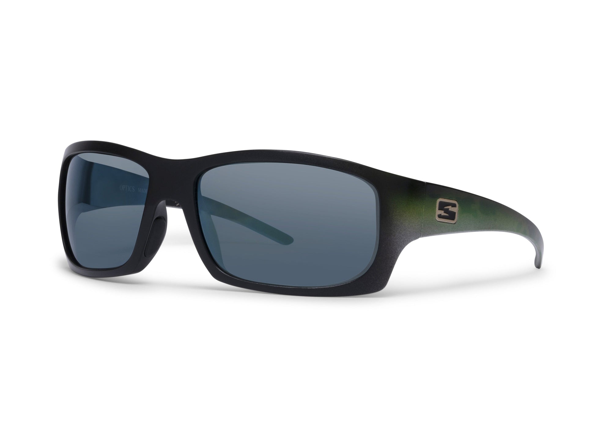 Outlaw Bass sunglasses black frame with blue tinted lenses Skeleton Optics logo on temple on Tampa Home & Garden Store