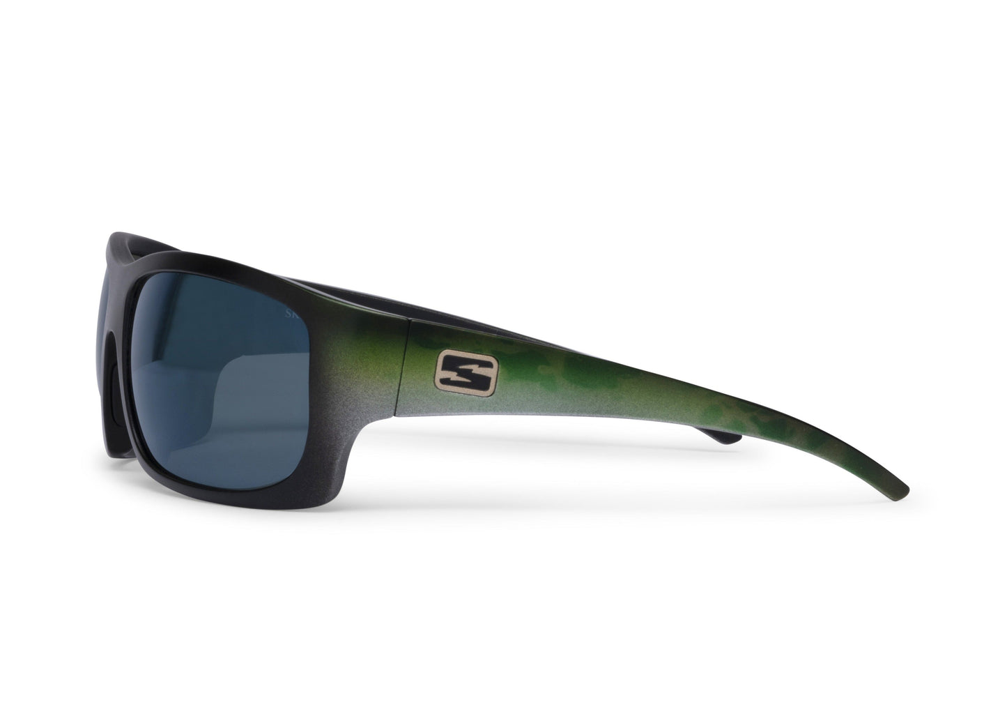 Outlaw Bass sunglasses by Skeleton Optics, black frame with blue lenses and green gradient temples on Tampa Home & Garden Store