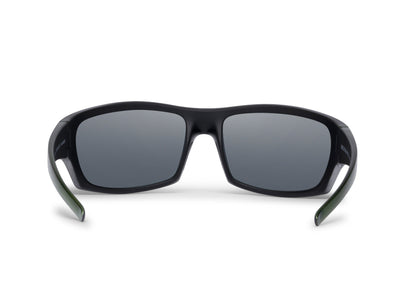 Renegade Bass sunglasses by Skeleton Optics, black frame, dark lenses, olive-green temples on Tampa Home & Garden Store