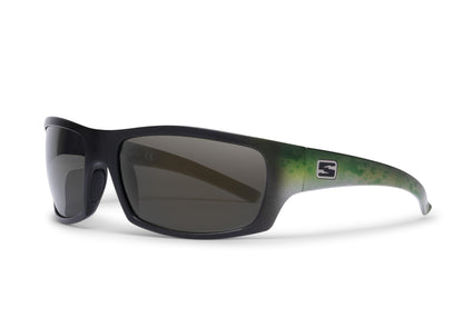 Renegade Bass sunglasses by Skeleton Optics, black frame with green camo temples on Tampa Home & Garden Store