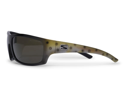 Renegade Cutthroat Trout sunglasses with black frame and olive temples by Skeleton Optics on Tampa Home & Garden Store