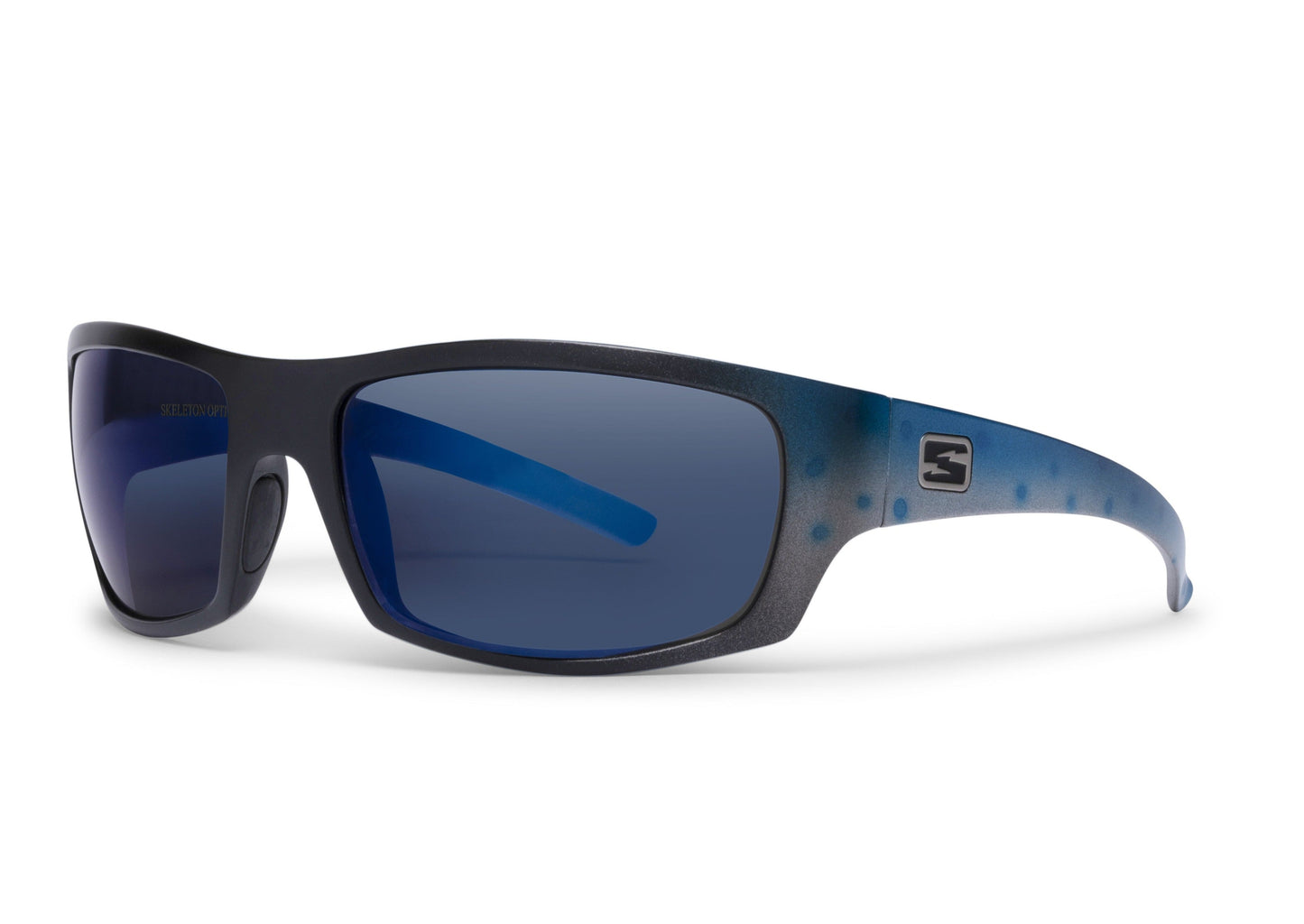 Renegade Mahi Mahi sunglasses by Skeleton Optics with blue gradient temples and dark lenses on Tampa Home & Garden Store