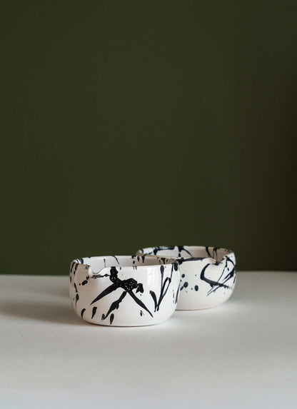Handmade matcha bowls, white with black ink splatter pattern, set of 3 on Tampa Home & Garden Store