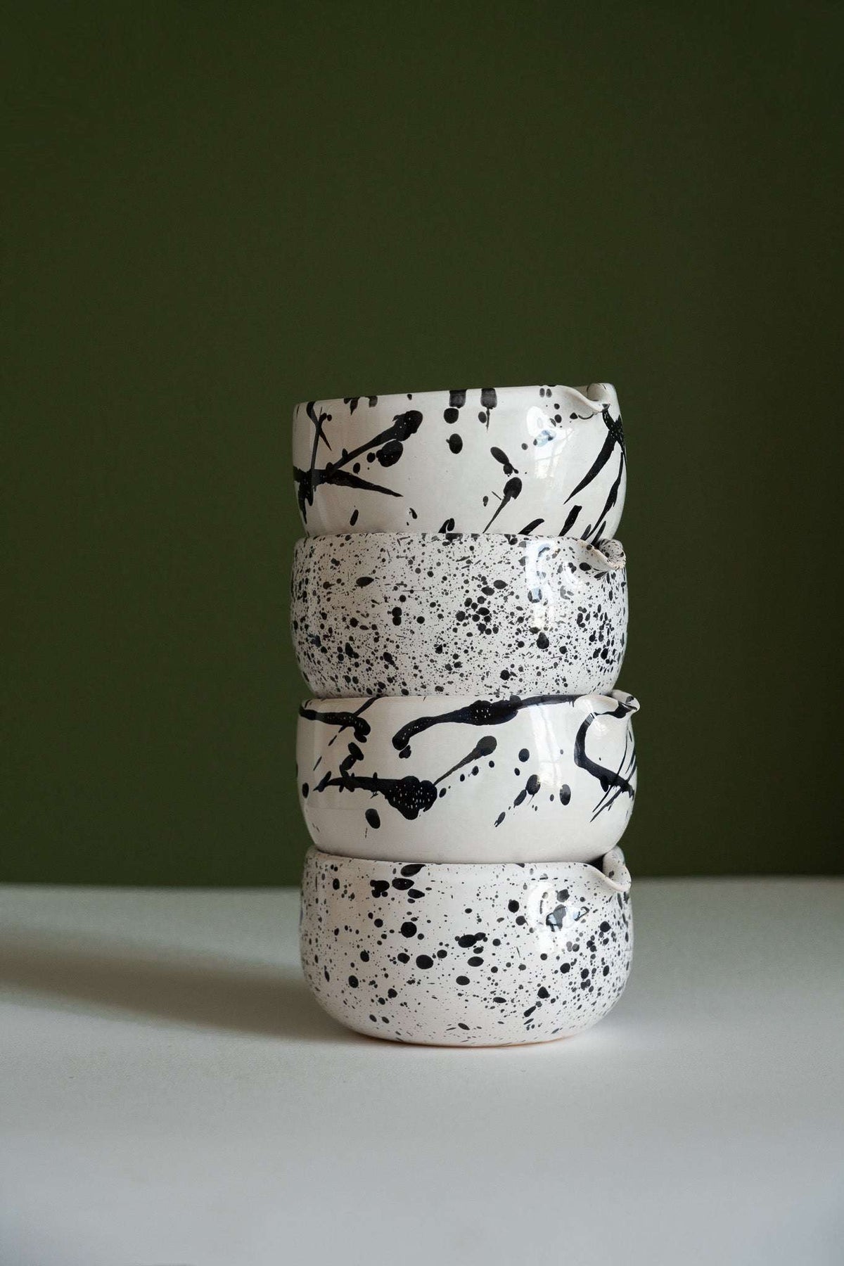 Handmade Matcha Bowl by CREATING COMFORT with speckled black pattern, white ceramic stack on Tampa Home & Garden Store