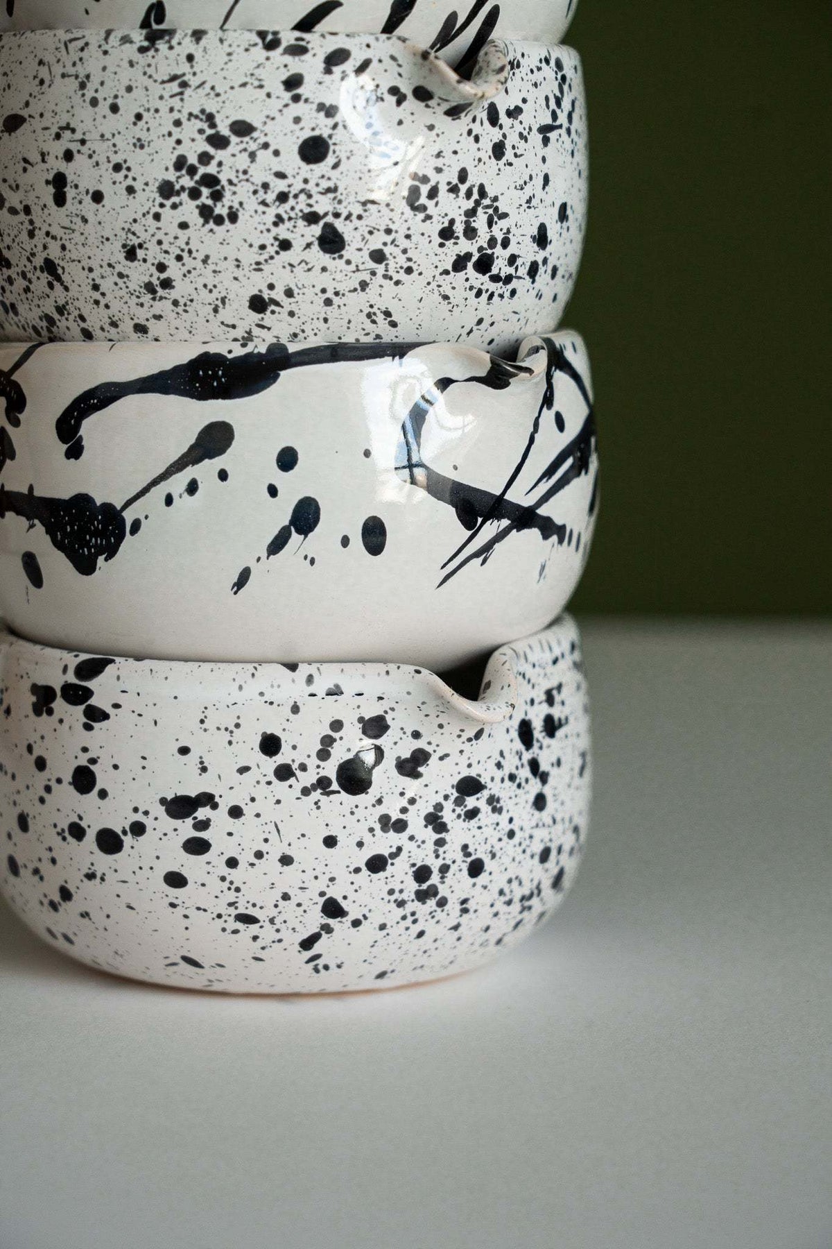 Handmade Matcha Bowl stack of 3 with speckled and brush-stroke black patterns on white ceramic on Tampa Home & Garden Store