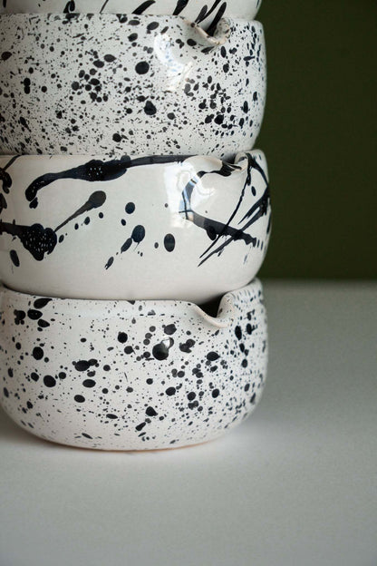 Handmade Matcha Bowl stack of 3 with speckled and brush-stroke black patterns on white ceramic on Tampa Home & Garden Store