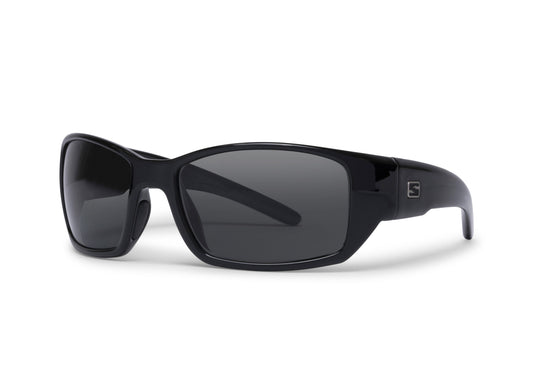 Flo Gloss Black sunglasses by Skeleton Optics, glossy black plastic frame with logo on temple on Tampa Home & Garden Store