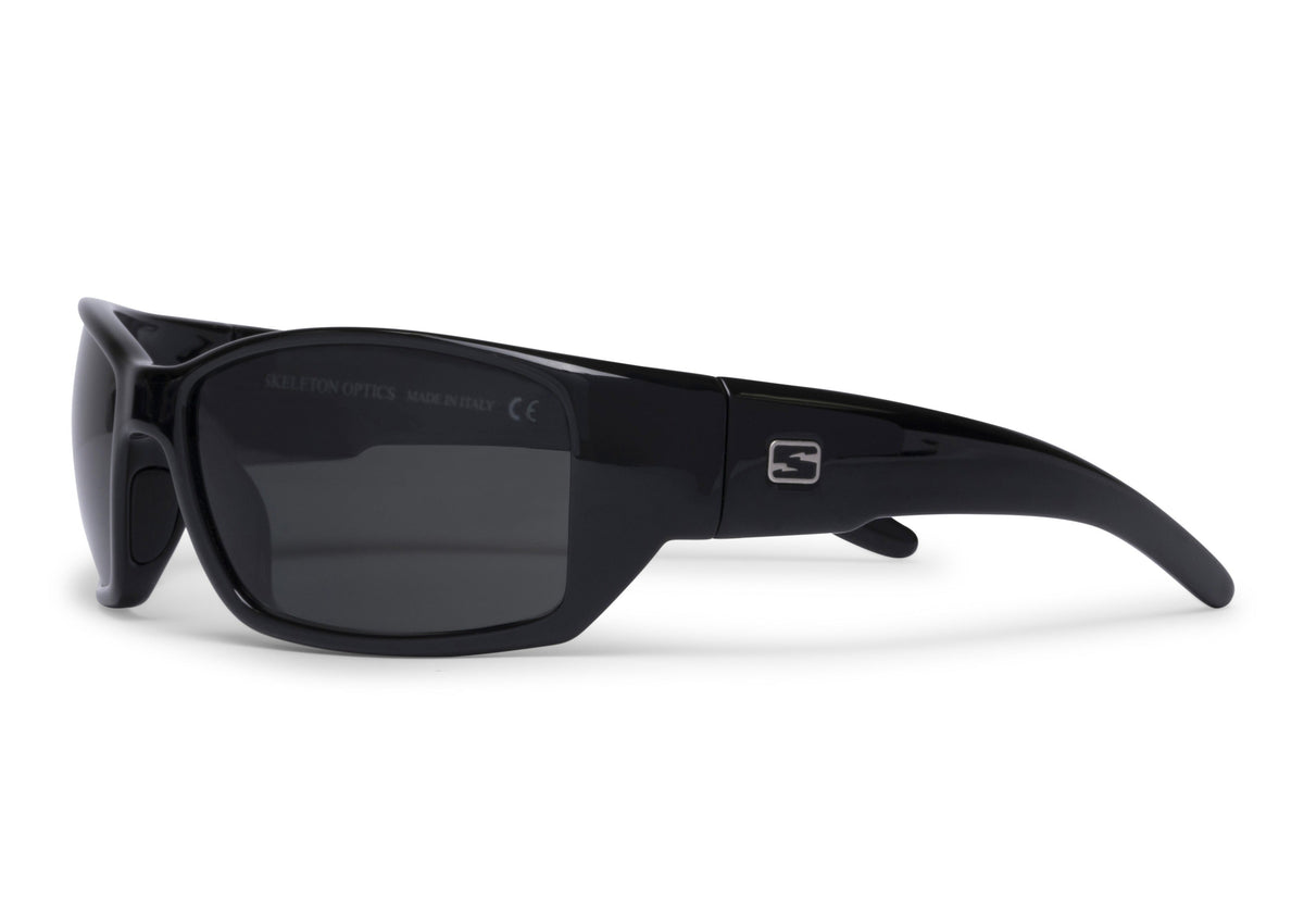 Flo Gloss Black sunglasses with black glossy frame and Skeleton Optics logo on temple on Tampa Home & Garden Store