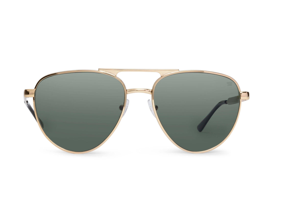 Dara Aviator Gold Sunglasses by Skeleton Optics with a gold metal frame and green lenses on Tampa Home & Garden Store