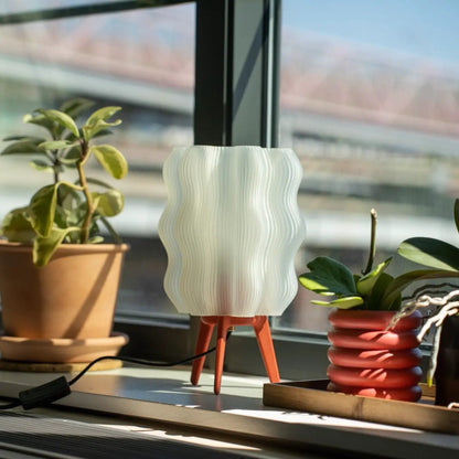 Eco Friendly Wavy Jellyfish Desk Light white shade on orange tripod legs by Wooj Design on Tampa Home & Garden Store