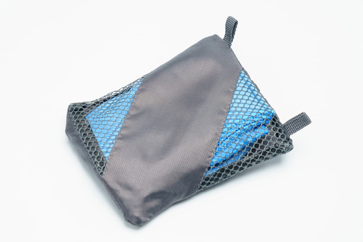 Microfiber towel in compact gray pouch with blue mesh sides River Country Gear on Tampa Home & Garden Store