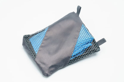 Microfiber towel in compact gray pouch with blue mesh sides River Country Gear on Tampa Home & Garden Store
