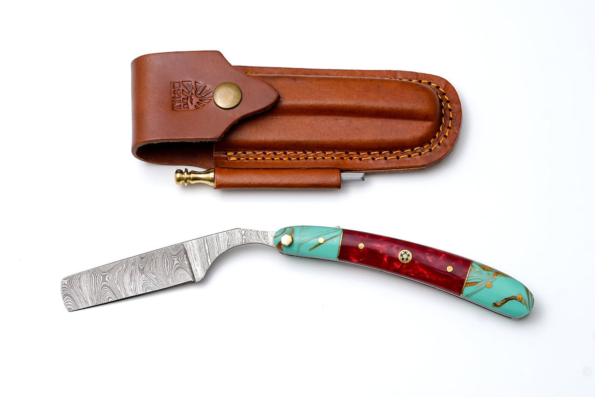 Damascus straight razor TK-501 Titan Int'l K turquoise & red resin handle leather sheath on Tampa Home & Garden Store