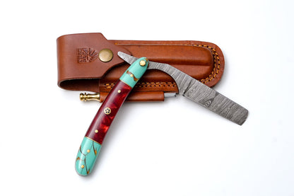 Damascus straight razor TK-501 by Titan International K, turquoise handle, Damascus blade pattern on Tampa Home & Garden Store