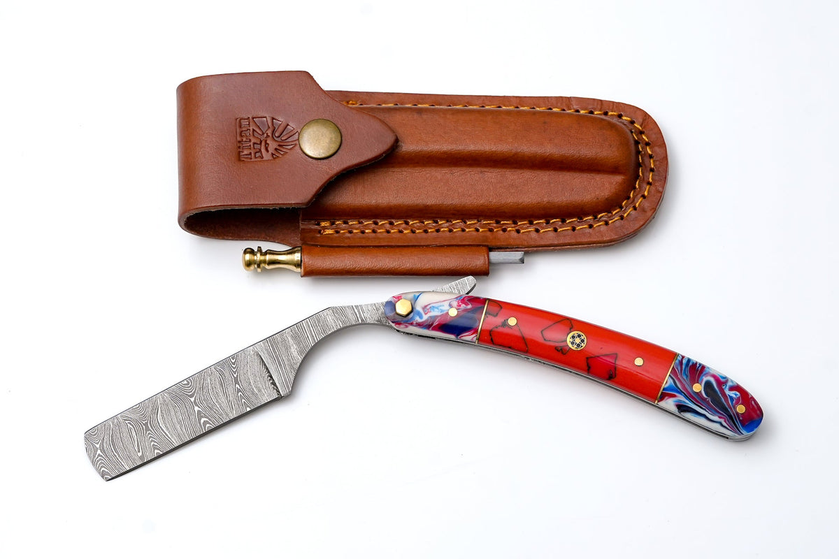 Damascus razor TK-500 by Titan International K with marbled red-blue handle leather sheath on Tampa Home & Garden Store