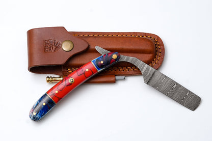 Damascus straight razor TK-500 with red-blue resin handle and Damascus blade in sheath on Tampa Home & Garden Store