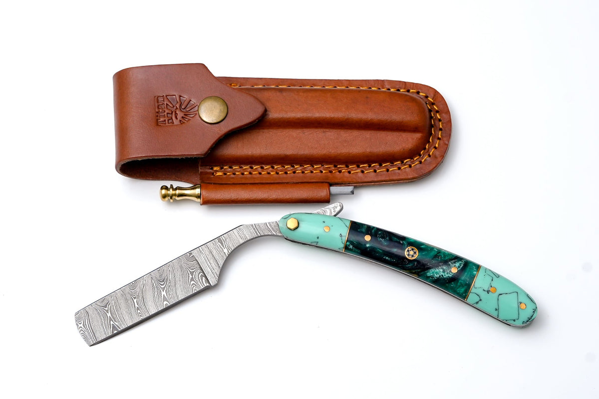 Damascus straight razor TK-529 with turquoise marbled handle and brown leather sheath on Tampa Home & Garden Store