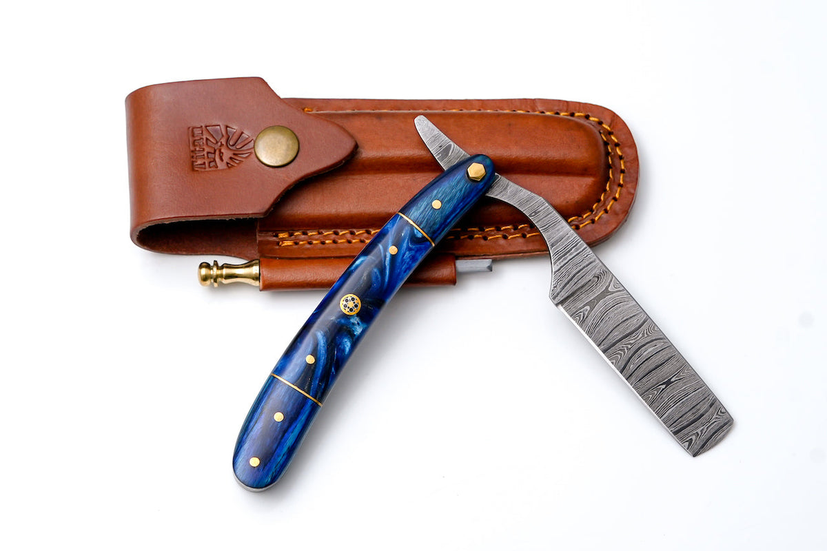 Damascus straight razor TK-528 with blue resin handle by Titan International K, leather sheath on Tampa Home & Garden Store