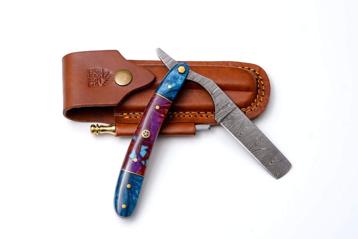 Damascus straight razor with blue and purple resin handle TK-437 Titan Intl K leather sheath on Tampa Home & Garden Store