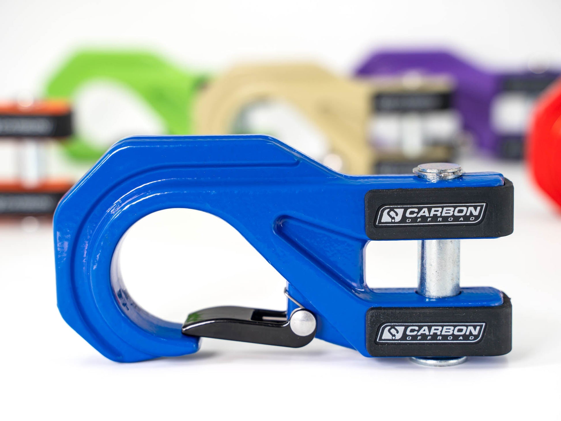 Mega Pro Winch Hook by Carbon Offroad USA in blue steel with silver mounting pin and logo on Tampa Home & Garden Store