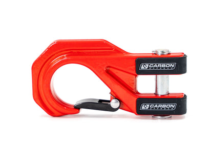 Carbon Offroad Mega Pro winch hook in red with black logo plate and silver mounting bolt on Tampa Home & Garden Store