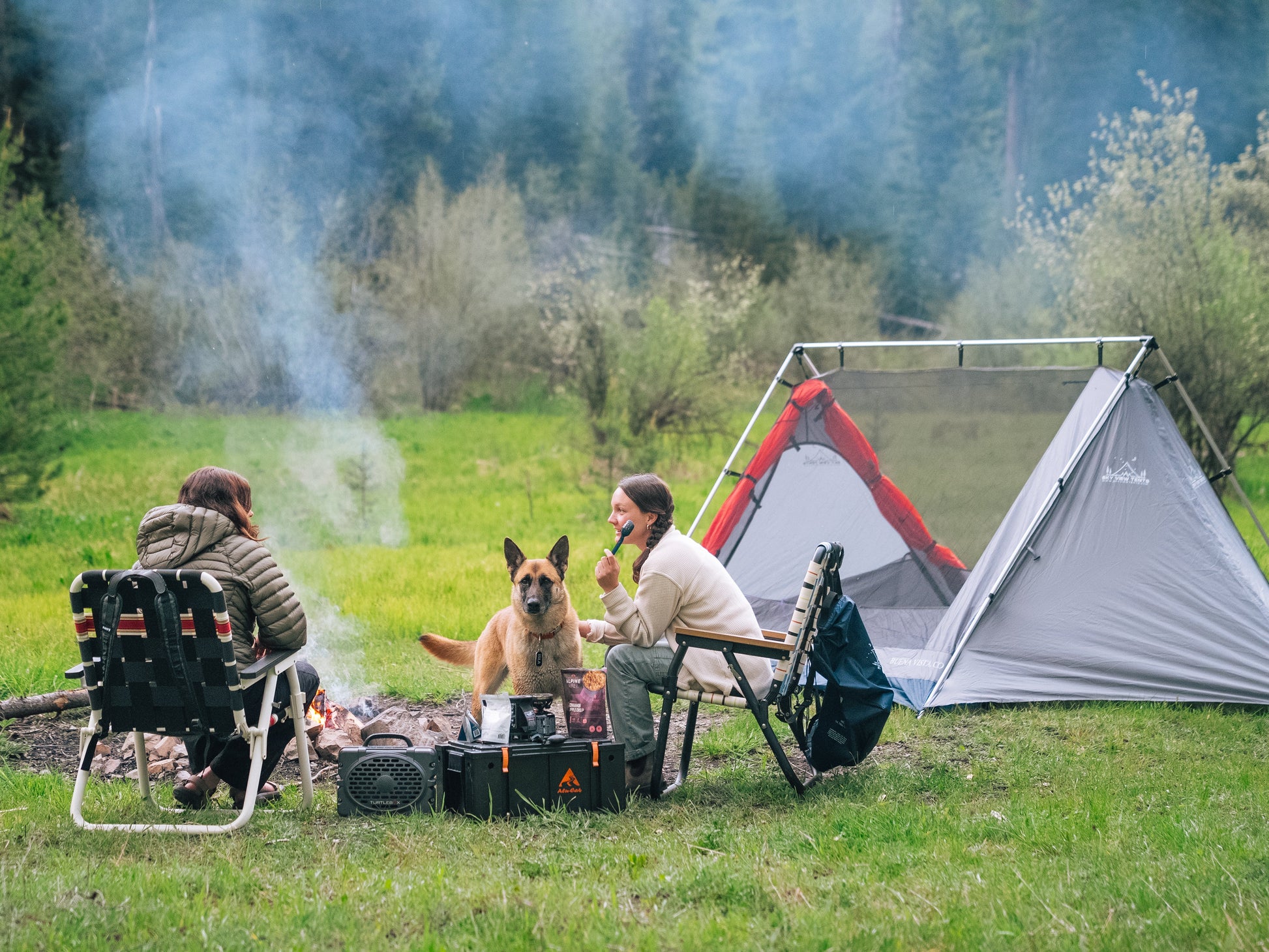 Sky View XL Tent Sky View Tents gray camping tent at campsite with chairs, dog, and campfire on Tampa Home & Garden Store