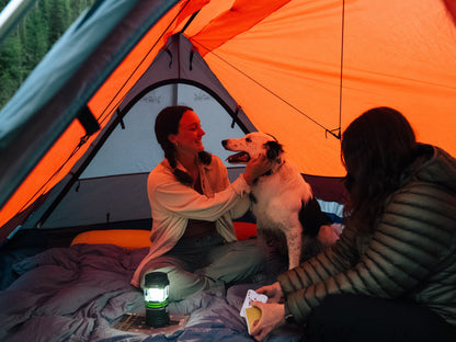 Sky View XL Tent interior with people and a dog in orange fabric on Tampa Home & Garden Store