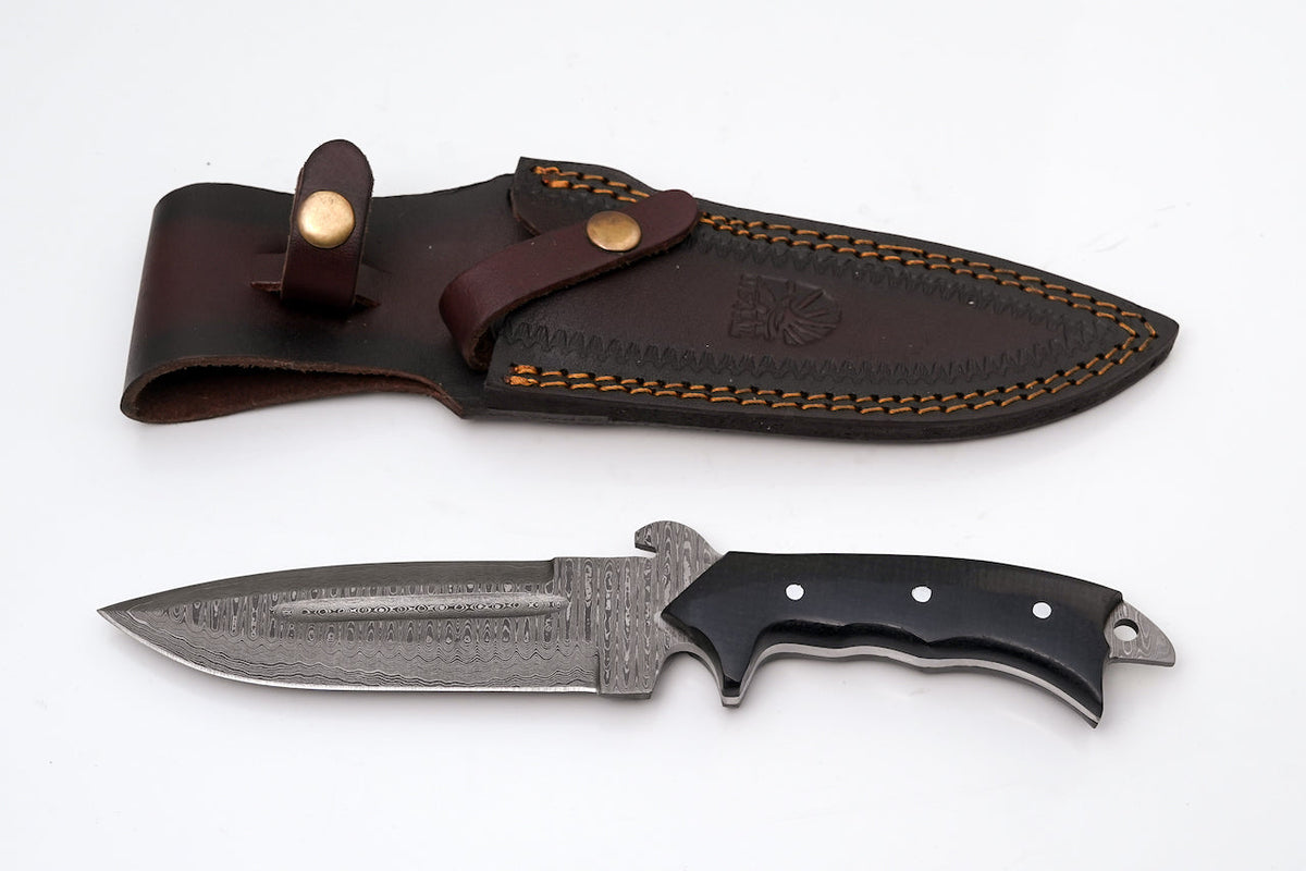 TD-018 fixed blade knife by Titan K with damascus blade and black handle; brown leather sheath on Tampa Home & Garden Store