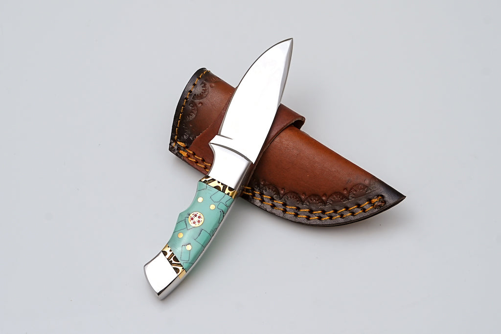 Custom stainless steel knife TS-06 with turquoise mosaic handle and leather sheath by Titan International K on Tampa Home & Garden Store