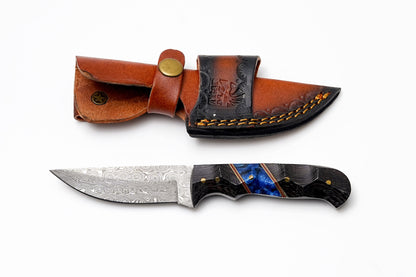 Custom Damascus drop point hunter knife with black wood and blue resin handle in leather sheath on Tampa Home & Garden Store