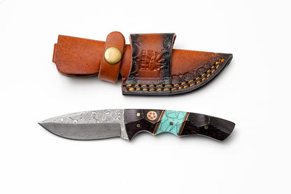 Custom Damascus drop point hunter knife with wood and turquoise inlay handle in leather sheath on Tampa Home & Garden Store