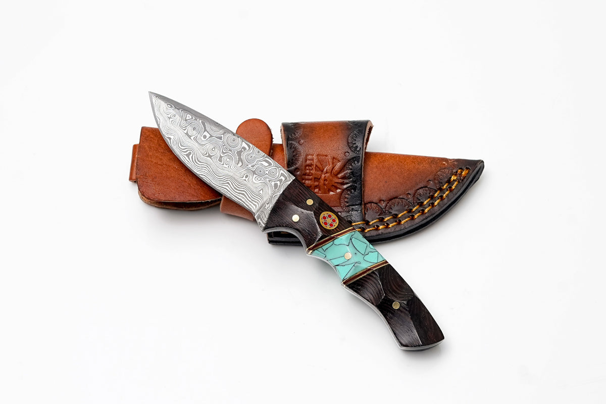 Damascus Drop Point hunter knife with wood turquoise inlay handle TK491 Titan Intl K sheath on Tampa Home & Garden Store