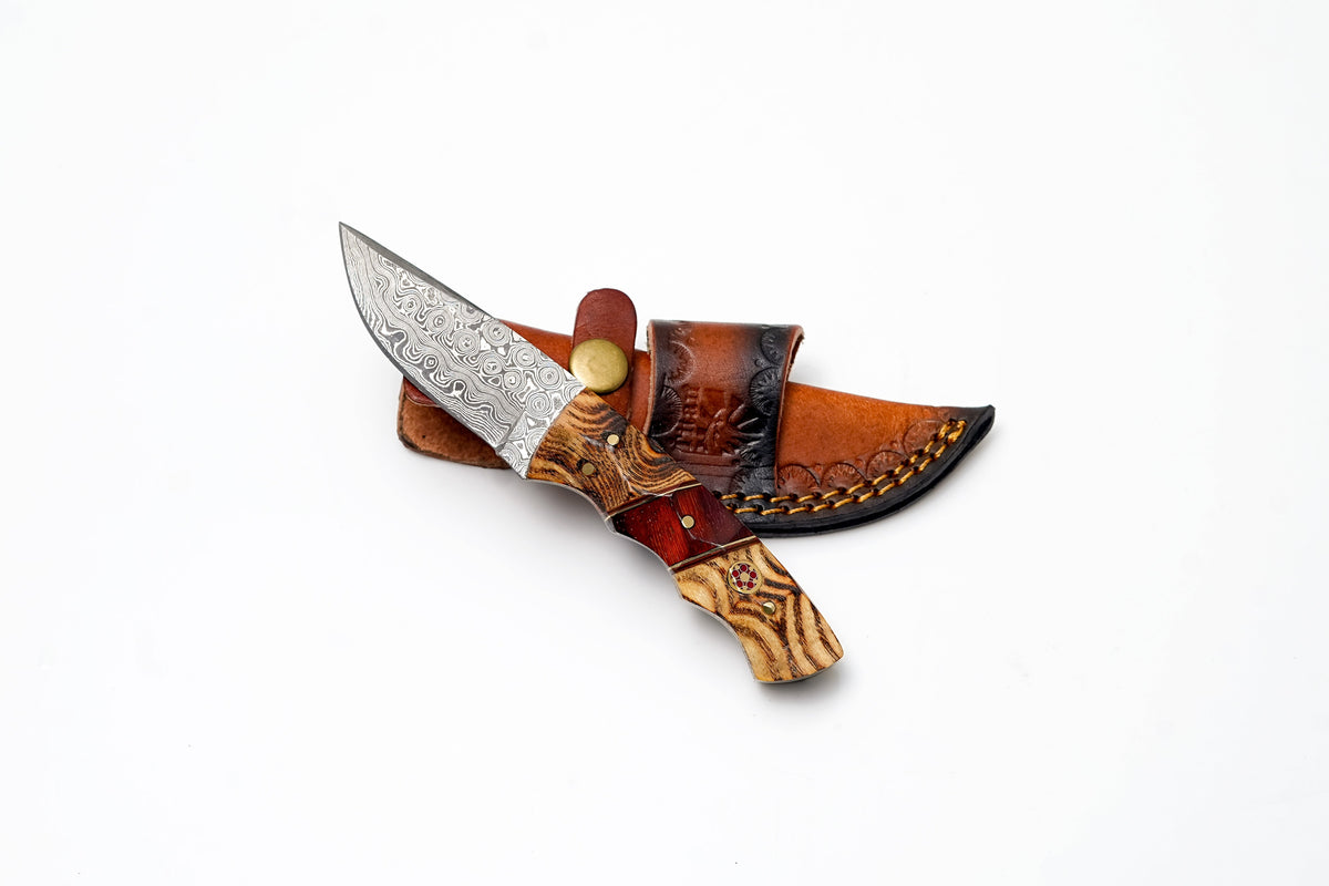 Custom Damascus Drop Point Hunter knife with bocote-rosewood handle by Titan K leather sheath on Tampa Home & Garden Store
