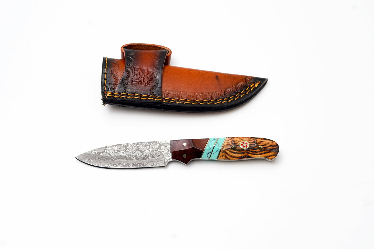 Custom Damascus Drop Point Hunter knife with zebrawood rosewood turquoise handle in sheath on Tampa Home & Garden Store