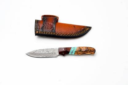 Custom Damascus Drop Point Hunter knife with zebrawood rosewood turquoise handle in sheath on Tampa Home & Garden Store