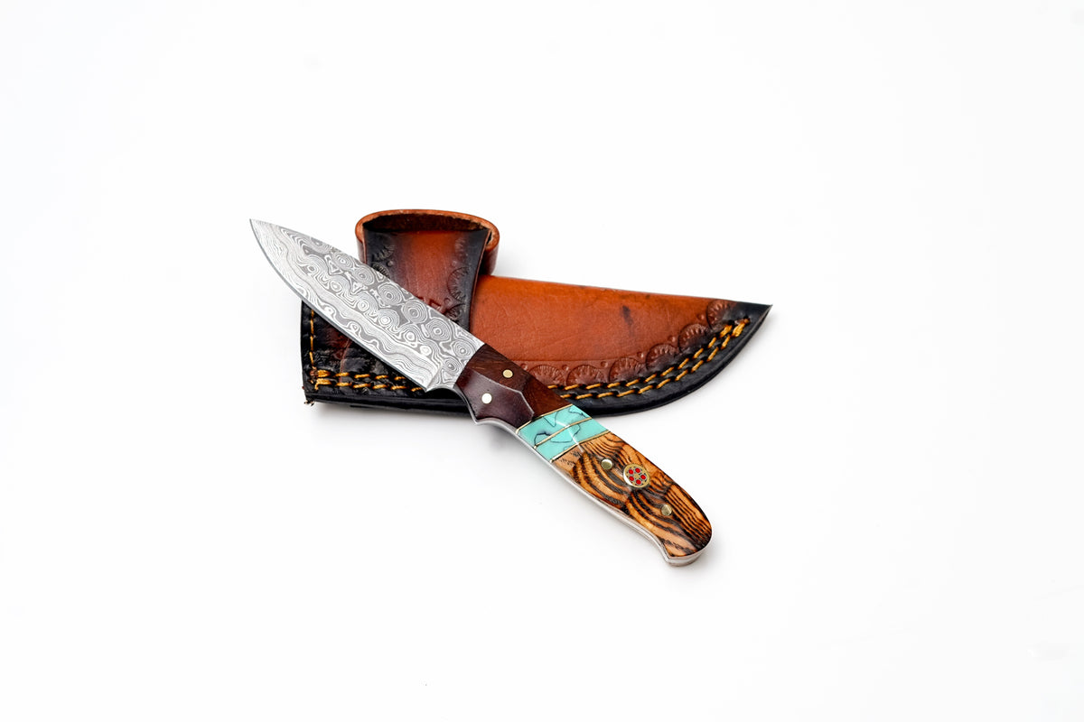 Custom Damascus drop point hunter knife with zebrawood and turquoise handle and leather sheath on Tampa Home & Garden Store