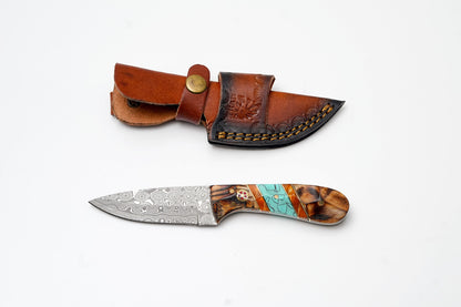 Damascus Drop Point Hunter knife with zebrawood turquoise resin handle and leather sheath on Tampa Home & Garden Store